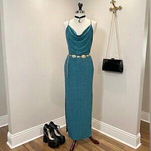 Vintage Glitter Cowl Neck Maxi Dress Open Back LARGE Sexy AParty
